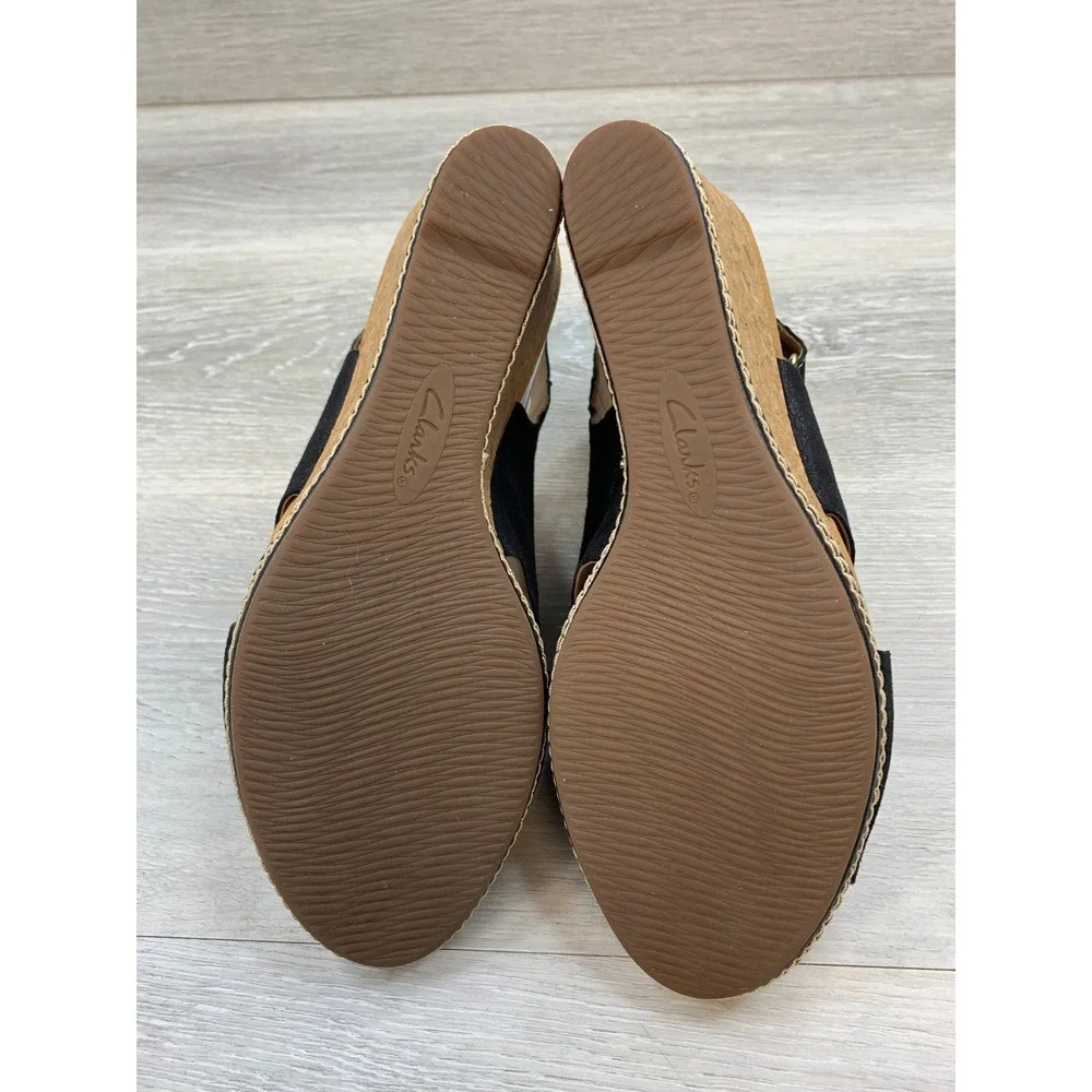Clarks Collection Women's Sandals Black Leather‎ Cork Wedge 10 Comfort Shoes
